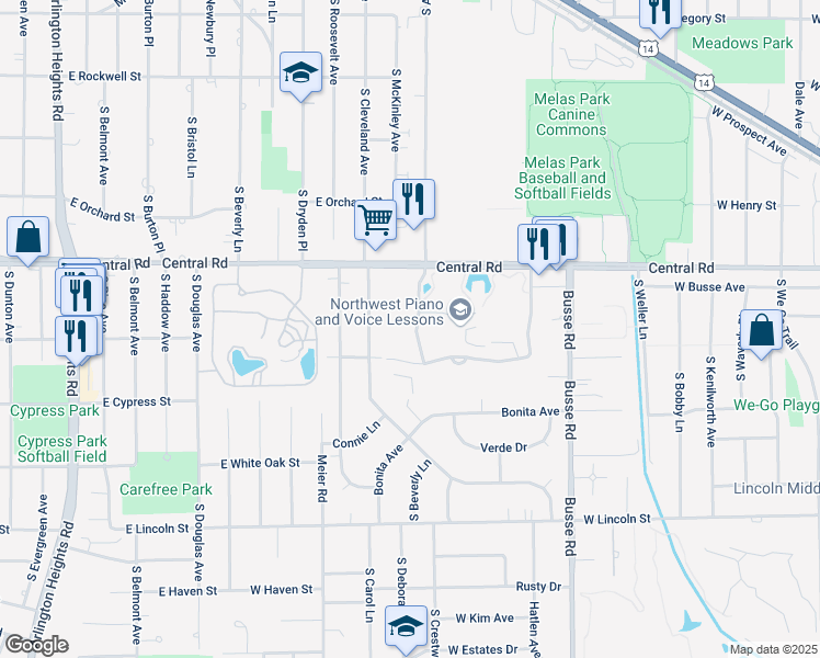 map of restaurants, bars, coffee shops, grocery stores, and more near 1405 East Central Road in Arlington Heights