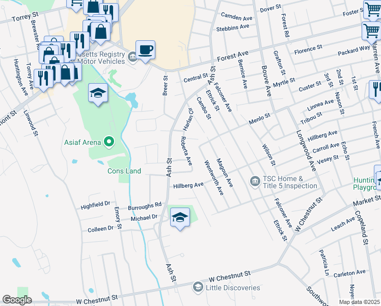 map of restaurants, bars, coffee shops, grocery stores, and more near 37 Roberta Avenue in Brockton