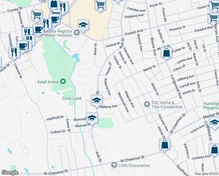 map of restaurants, bars, coffee shops, grocery stores, and more near 37 Roberta Avenue in Brockton