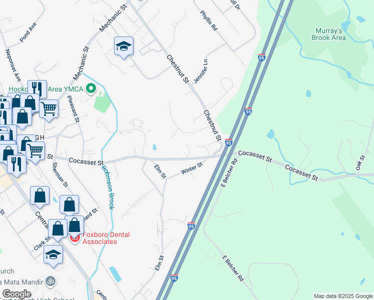 map of restaurants, bars, coffee shops, grocery stores, and more near 124 Cocasset Street in Foxborough