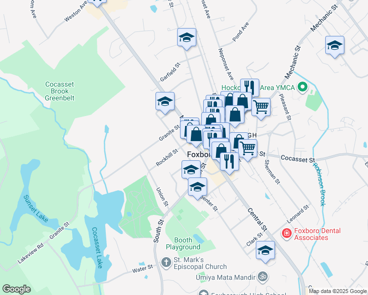 map of restaurants, bars, coffee shops, grocery stores, and more near 34 School Street in Foxborough