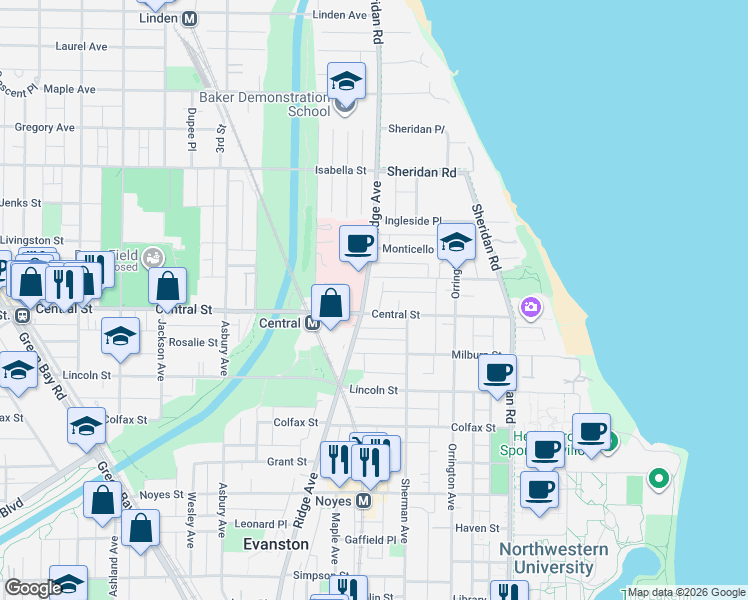 map of restaurants, bars, coffee shops, grocery stores, and more near 817 Central Street in Evanston