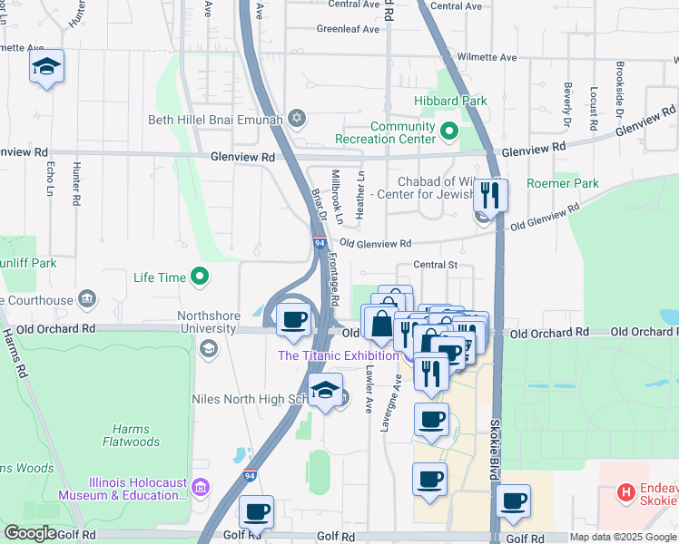 map of restaurants, bars, coffee shops, grocery stores, and more near 10065A Frontage Road in Skokie