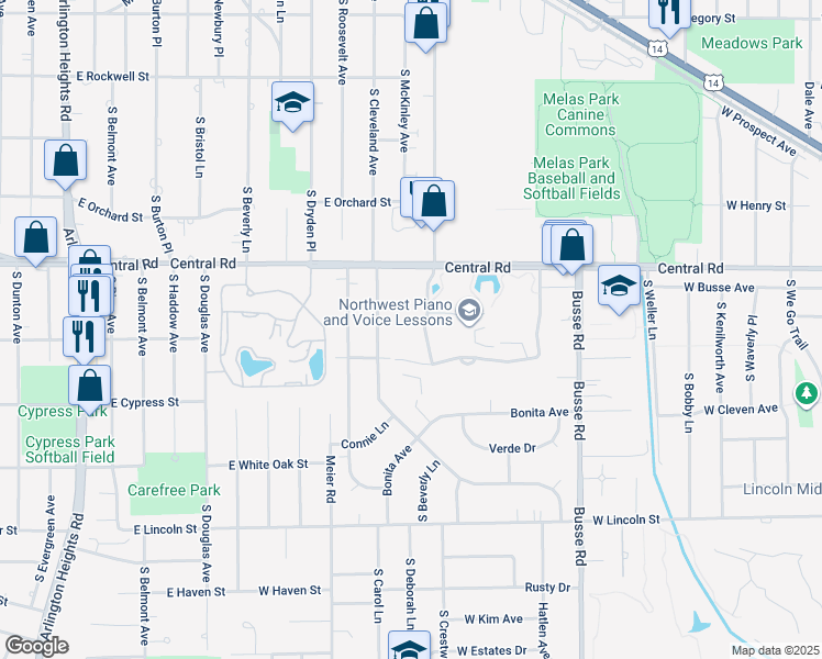 map of restaurants, bars, coffee shops, grocery stores, and more near 1405 East Central Road in Arlington Heights