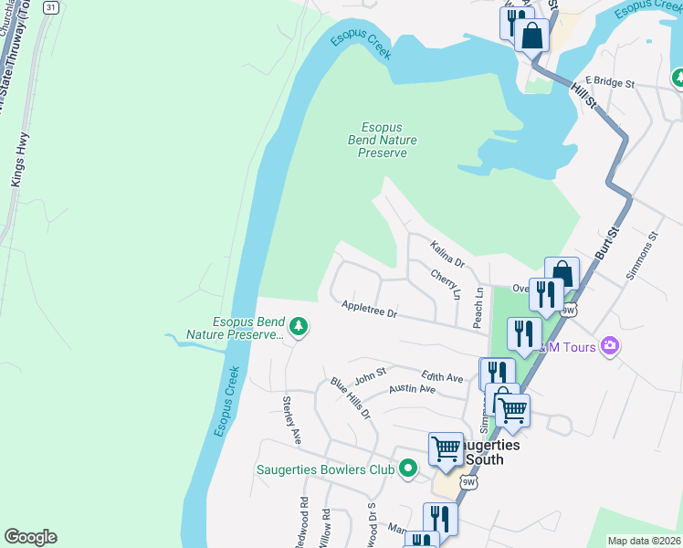 map of restaurants, bars, coffee shops, grocery stores, and more near 62 Appletree Drive in Saugerties