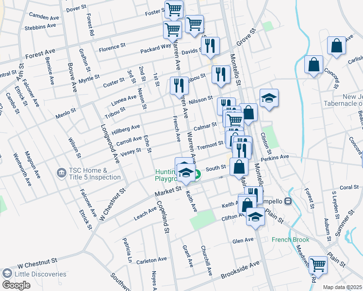 map of restaurants, bars, coffee shops, grocery stores, and more near 104 French Avenue in Brockton