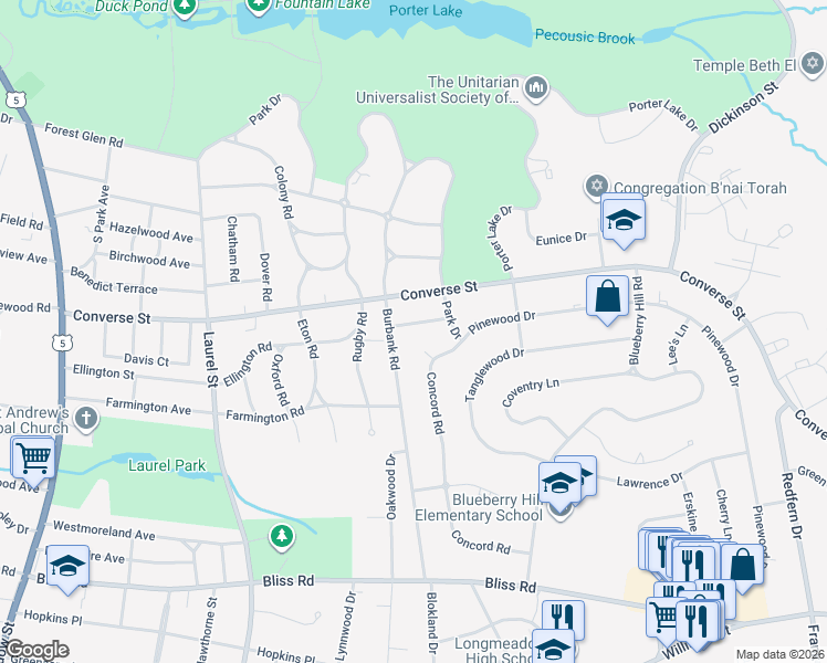 map of restaurants, bars, coffee shops, grocery stores, and more near 21 Colony Acres Road in Longmeadow