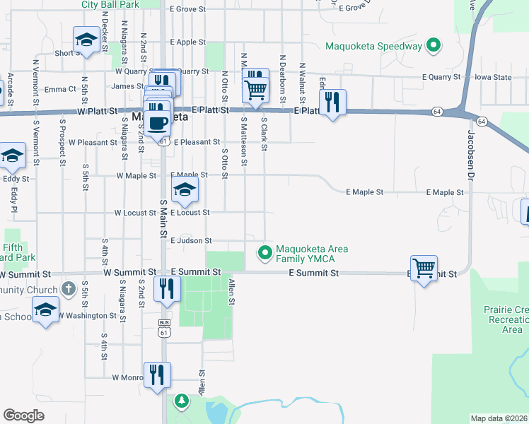 map of restaurants, bars, coffee shops, grocery stores, and more near 598 E Locust St in Maquoketa