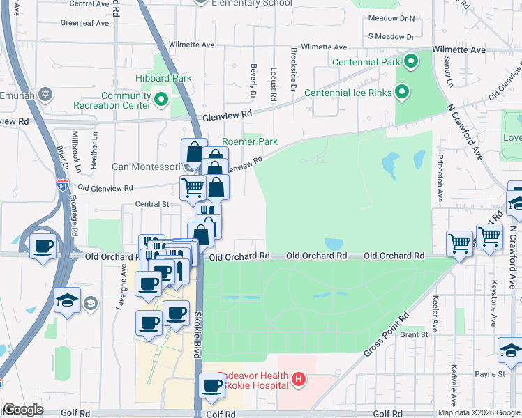 map of restaurants, bars, coffee shops, grocery stores, and more near 10115 Old Orchard Court in Skokie