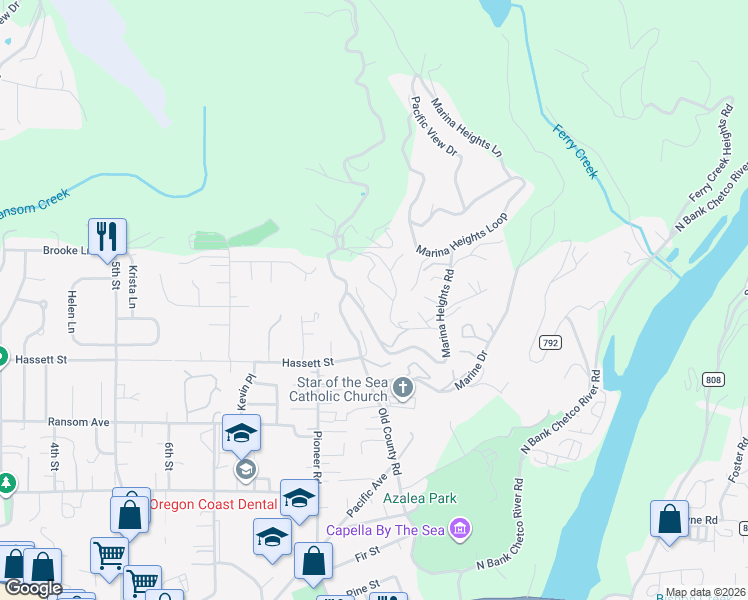 map of restaurants, bars, coffee shops, grocery stores, and more near 6878 Pacific Terrace Loop in Brookings