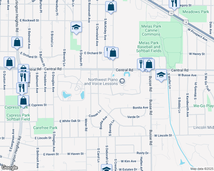 map of restaurants, bars, coffee shops, grocery stores, and more near 1405 East Central Road in Arlington Heights