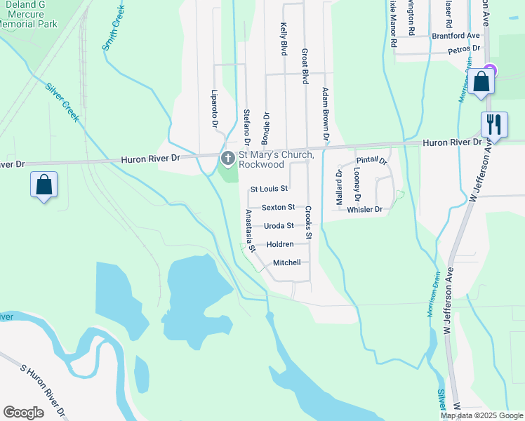 map of restaurants, bars, coffee shops, grocery stores, and more near 19467 Sexton Street in Brownstown Charter Township