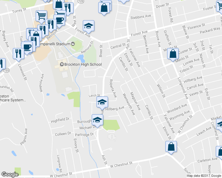map of restaurants, bars, coffee shops, grocery stores, and more near 37 Roberta Avenue in Brockton