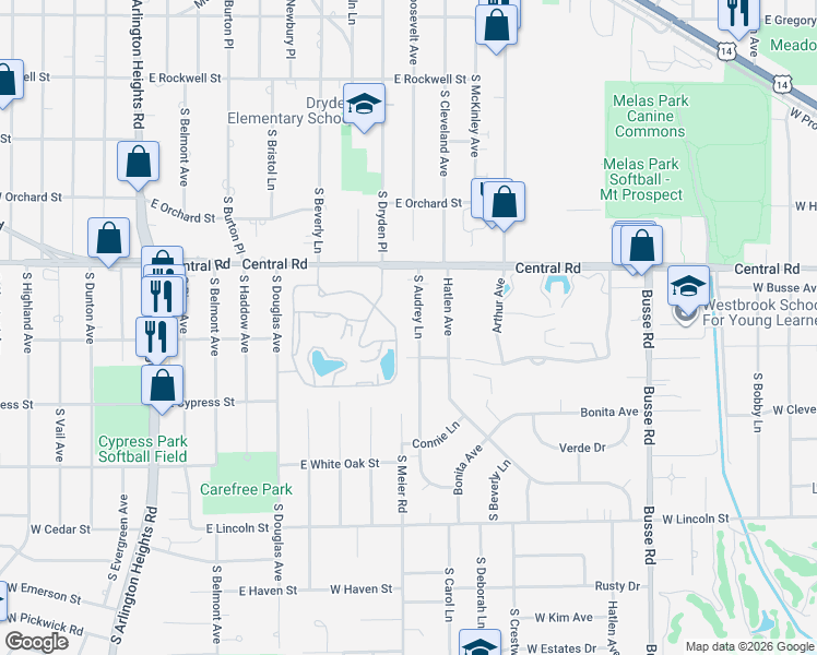 map of restaurants, bars, coffee shops, grocery stores, and more near 18 South Audrey Lane in Mount Prospect