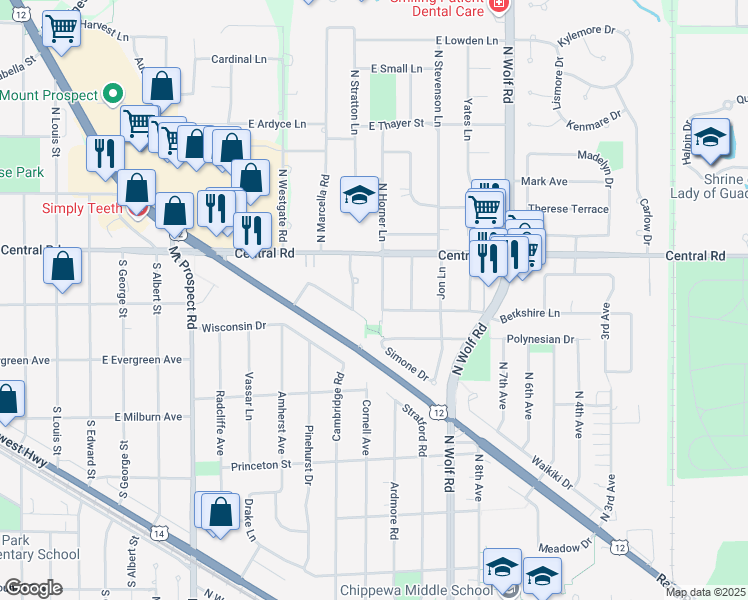 map of restaurants, bars, coffee shops, grocery stores, and more near 590 Clayton Lane in Des Plaines