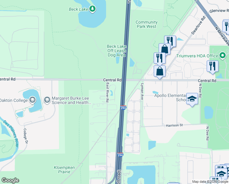map of restaurants, bars, coffee shops, grocery stores, and more near 407 South Country Lane in Des Plaines