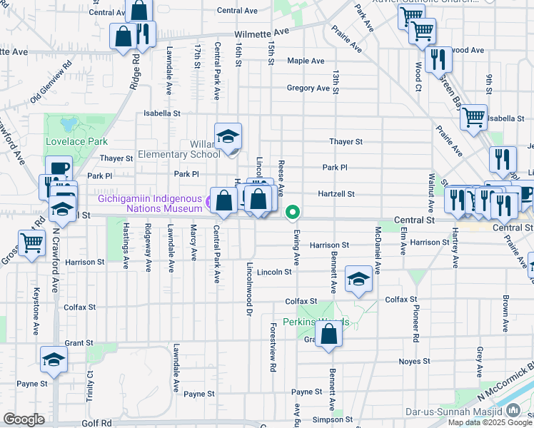 map of restaurants, bars, coffee shops, grocery stores, and more near 2901 Central Street in Evanston