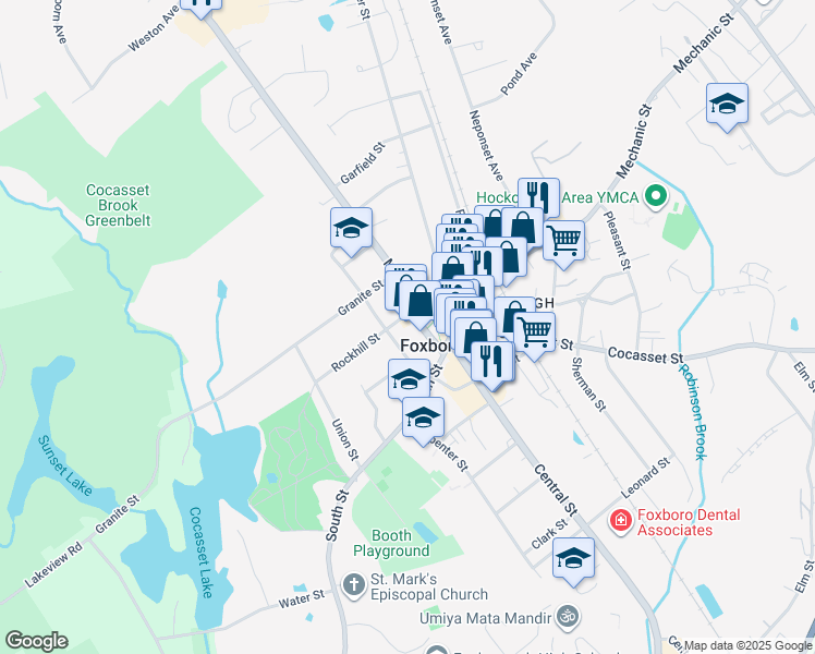 map of restaurants, bars, coffee shops, grocery stores, and more near 34 School Street in Foxborough