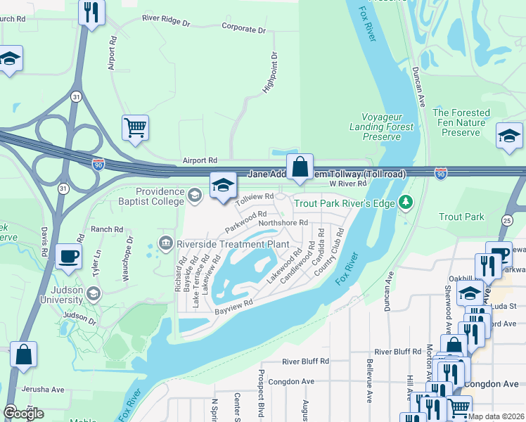 map of restaurants, bars, coffee shops, grocery stores, and more near 180 Northshore Road in Elgin