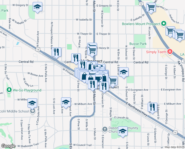 map of restaurants, bars, coffee shops, grocery stores, and more near 20 East Northwest Highway in Mount Prospect