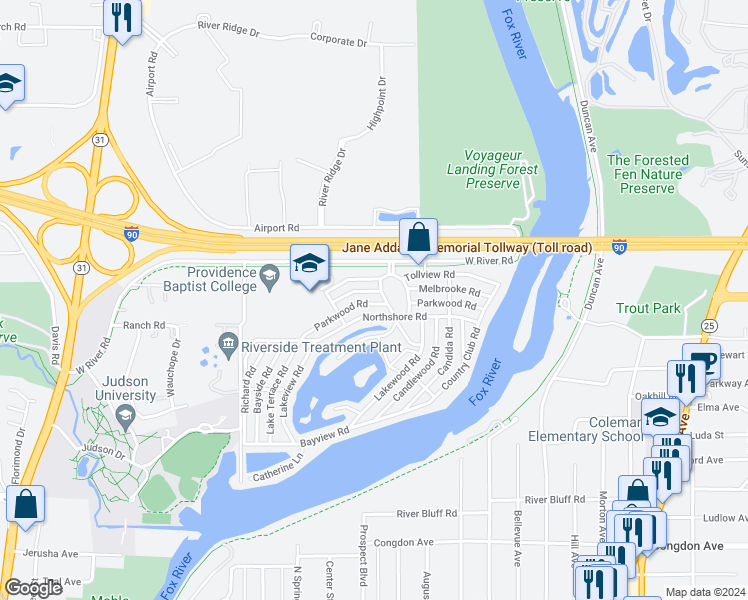 map of restaurants, bars, coffee shops, grocery stores, and more near 180 Parkwood Road in Elgin