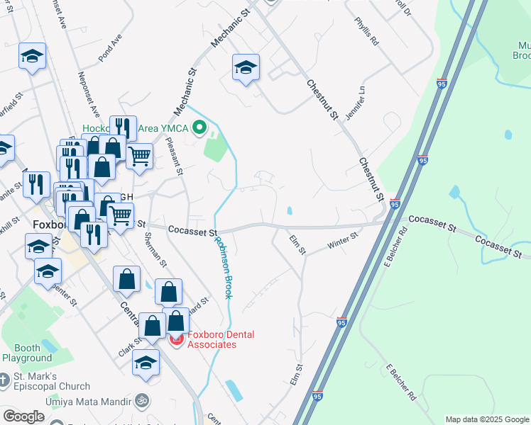map of restaurants, bars, coffee shops, grocery stores, and more near 86 Cocasset Street in Foxborough