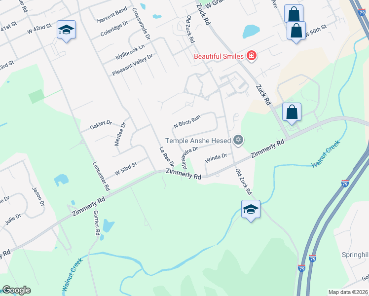 map of restaurants, bars, coffee shops, grocery stores, and more near 2870 Alexandra Drive in Erie