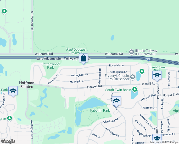 map of restaurants, bars, coffee shops, grocery stores, and more near 1290 Nottingham Lane in Hoffman Estates