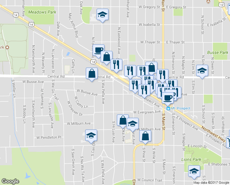 map of restaurants, bars, coffee shops, grocery stores, and more near 23 South Hi Lusi Avenue in Mount Prospect
