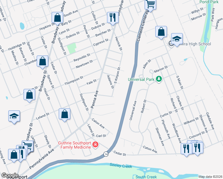 map of restaurants, bars, coffee shops, grocery stores, and more near 824 Adams Street in Elmira