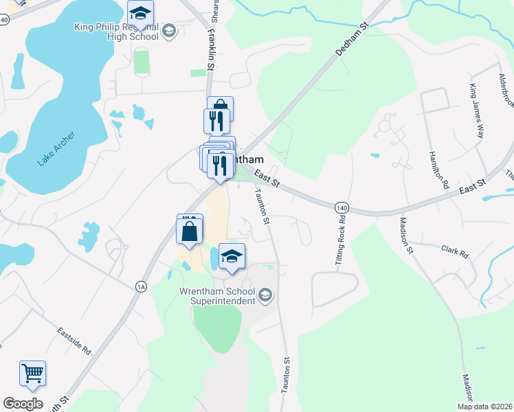map of restaurants, bars, coffee shops, grocery stores, and more near 32 Taunton Street in Wrentham