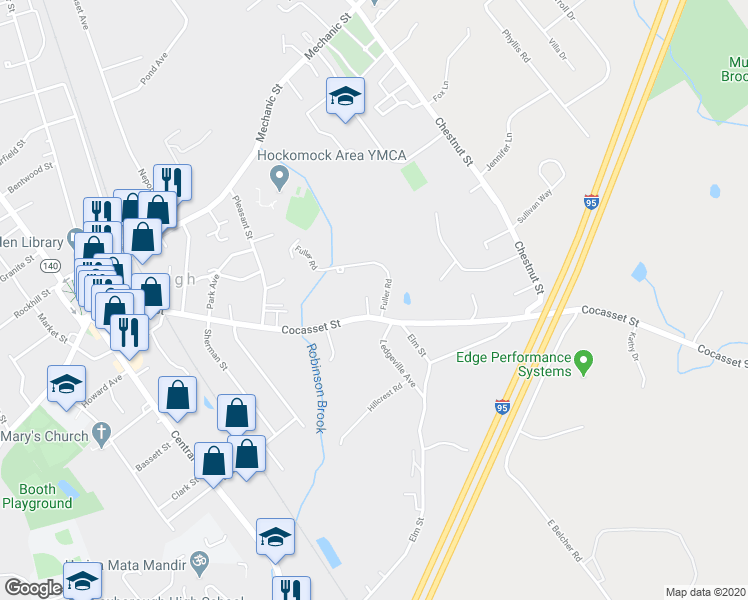map of restaurants, bars, coffee shops, grocery stores, and more near 86 Cocasset Street in Foxborough