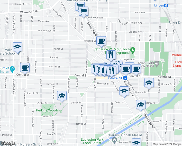 map of restaurants, bars, coffee shops, grocery stores, and more near 2135 Central Street in Evanston