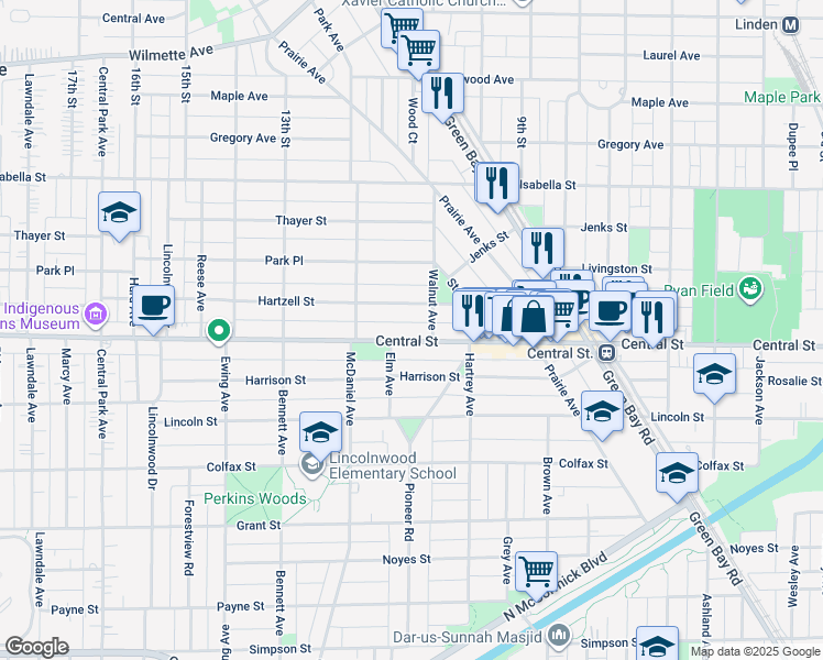 map of restaurants, bars, coffee shops, grocery stores, and more near 2301 Central Street in Evanston