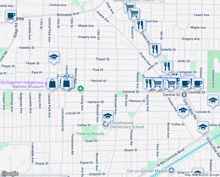 map of restaurants, bars, coffee shops, grocery stores, and more near 2602 Central Street in Evanston