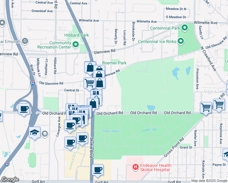 map of restaurants, bars, coffee shops, grocery stores, and more near 10112 Old Orchard Court in Skokie