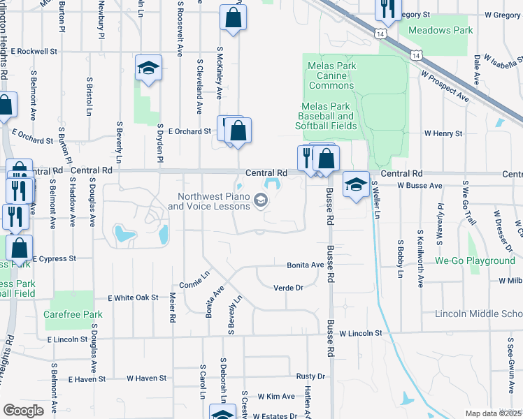 map of restaurants, bars, coffee shops, grocery stores, and more near 1505 East Central Road in Arlington Heights