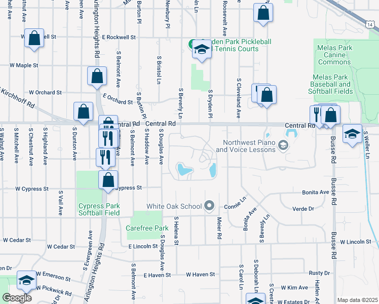 map of restaurants, bars, coffee shops, grocery stores, and more near 811 East Central Road in Arlington Heights