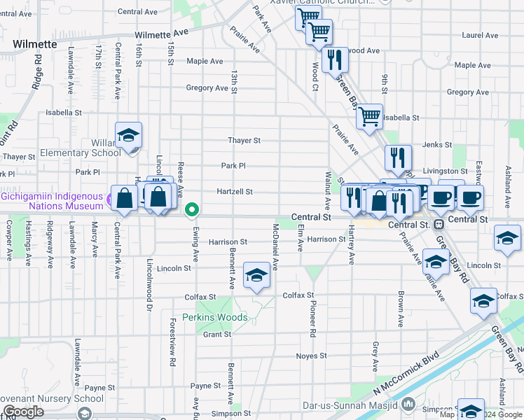 map of restaurants, bars, coffee shops, grocery stores, and more near 2519 Central Street in Evanston