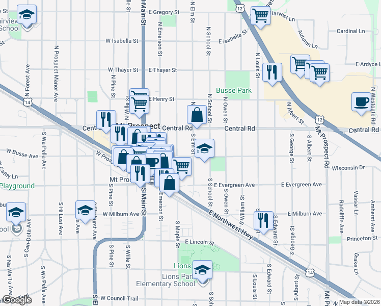 map of restaurants, bars, coffee shops, grocery stores, and more near 22 South Elm Street in Mount Prospect