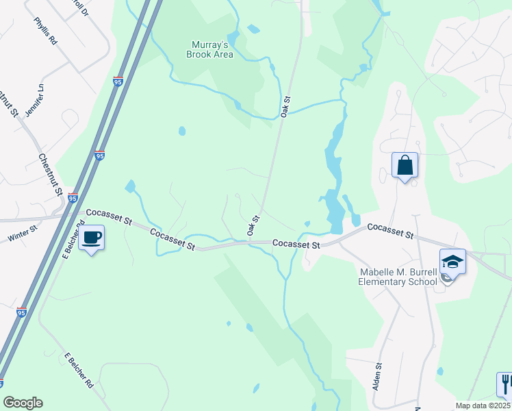 map of restaurants, bars, coffee shops, grocery stores, and more near 201 Oak Street in Foxborough