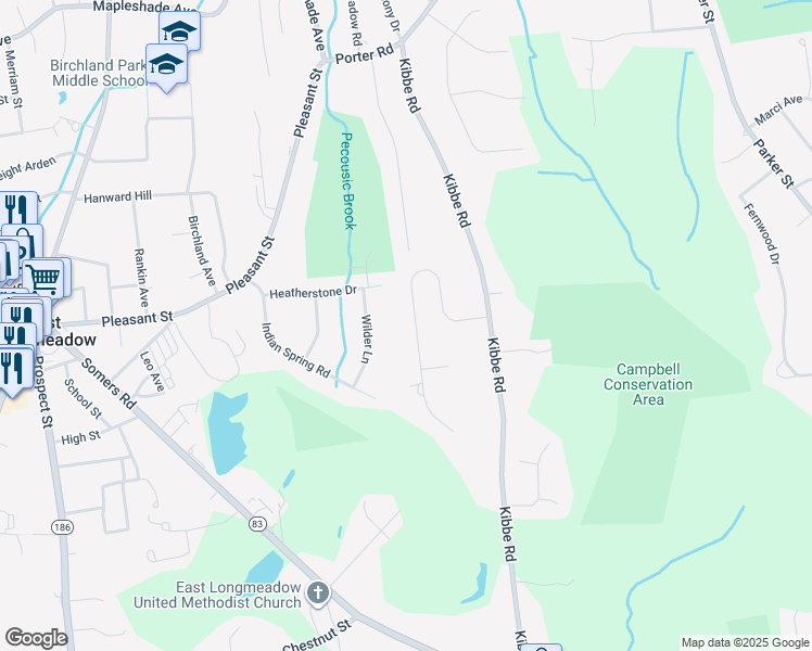 map of restaurants, bars, coffee shops, grocery stores, and more near 88 Glynn Farms Drive in East Longmeadow