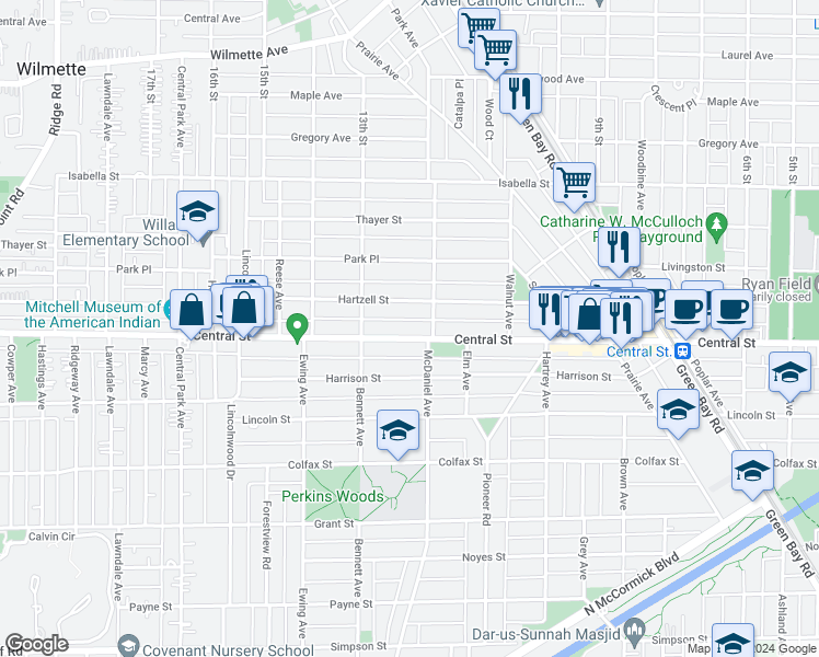 map of restaurants, bars, coffee shops, grocery stores, and more near 2517 Central Street in Evanston
