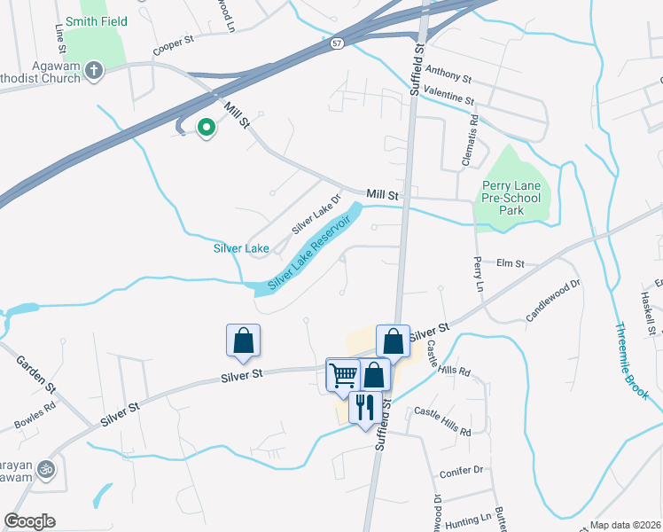 map of restaurants, bars, coffee shops, grocery stores, and more near 110 Edgewater Road in Agawam