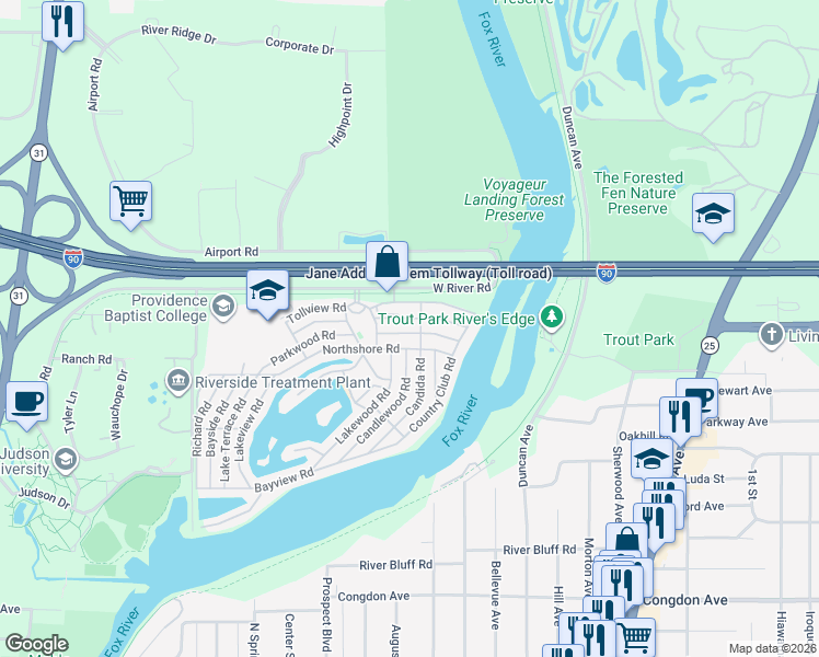 map of restaurants, bars, coffee shops, grocery stores, and more near 120 Parkwood Road in Elgin