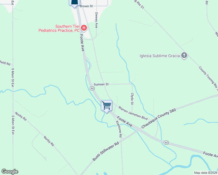 map of restaurants, bars, coffee shops, grocery stores, and more near 2373 Sumner Street in Jamestown