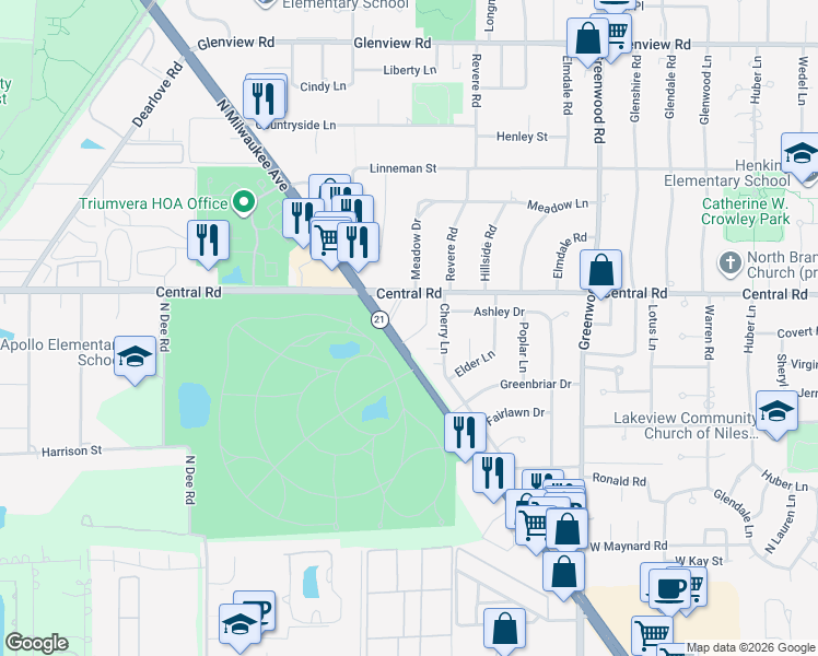 map of restaurants, bars, coffee shops, grocery stores, and more near 3515 Central Road in Glenview