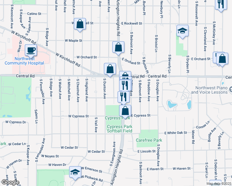 map of restaurants, bars, coffee shops, grocery stores, and more near 1047 South Evergreen Avenue in Arlington Heights