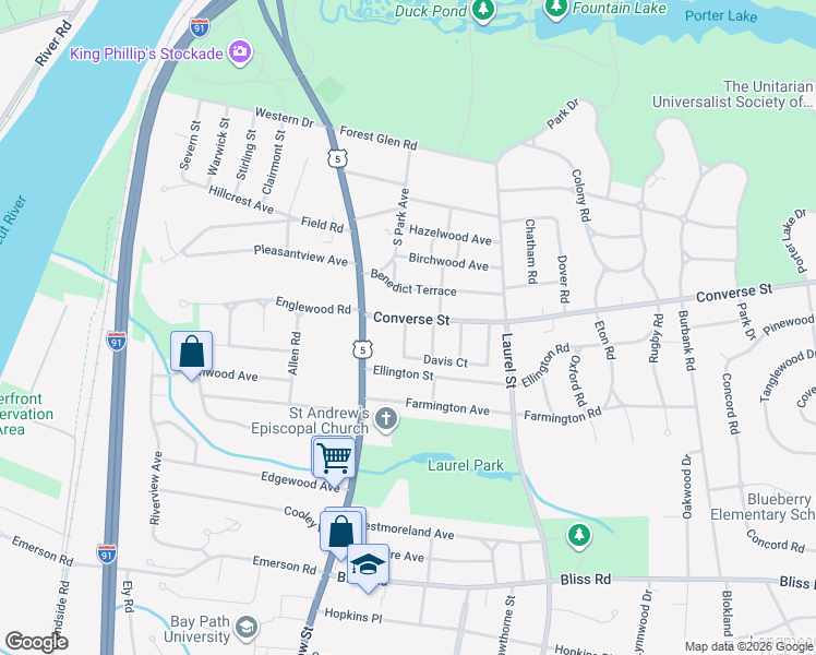 map of restaurants, bars, coffee shops, grocery stores, and more near 37 Converse Street in Longmeadow