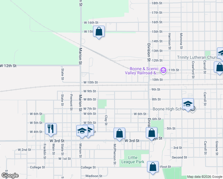 map of restaurants, bars, coffee shops, grocery stores, and more near 404 West 9th Street in Boone
